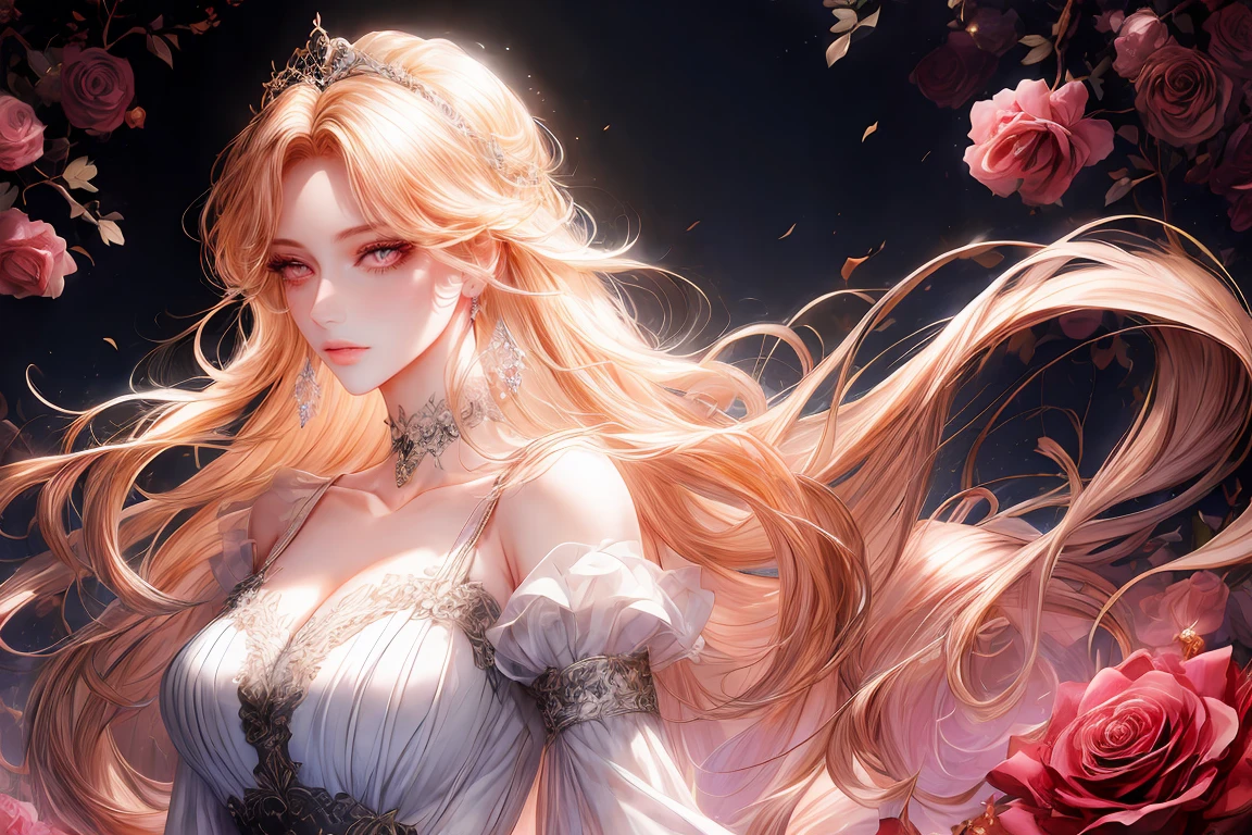 (((shoujo-style))), (romance manhwa), 1girl, blonde hair, solo, long hair, (earrings), flower, rose, crystalline, dress, tiara, white dress, gloves, long sleeves, choker, mascara, makeup, elbow gloves, bow, floating hair, bra, jewelry, looking at viewer, collarbone, puffy sleeves, golden accessories, upper body, parted bangs, very long hair, black dress, frills, bangs, closed mouth, outdoors, detailed eyes, dynamic cut,