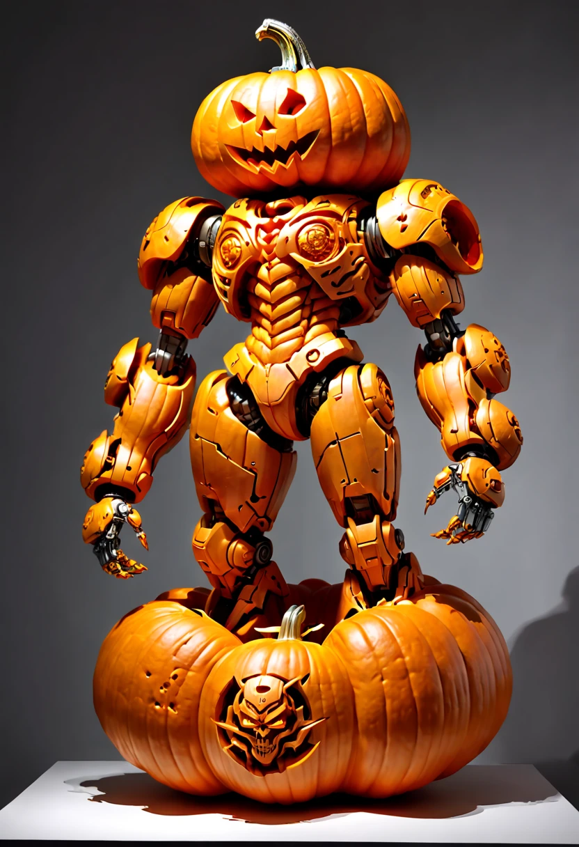 Pumpkin Carving design style, Museum Exhibition Work, Mecha by Katsuhiro Otomo and Yoji Shinkawa Carved on Pumpkin, full body, octane render, (best quality, masterpiece, Representative work, official art, Professional, 8k:1.3)