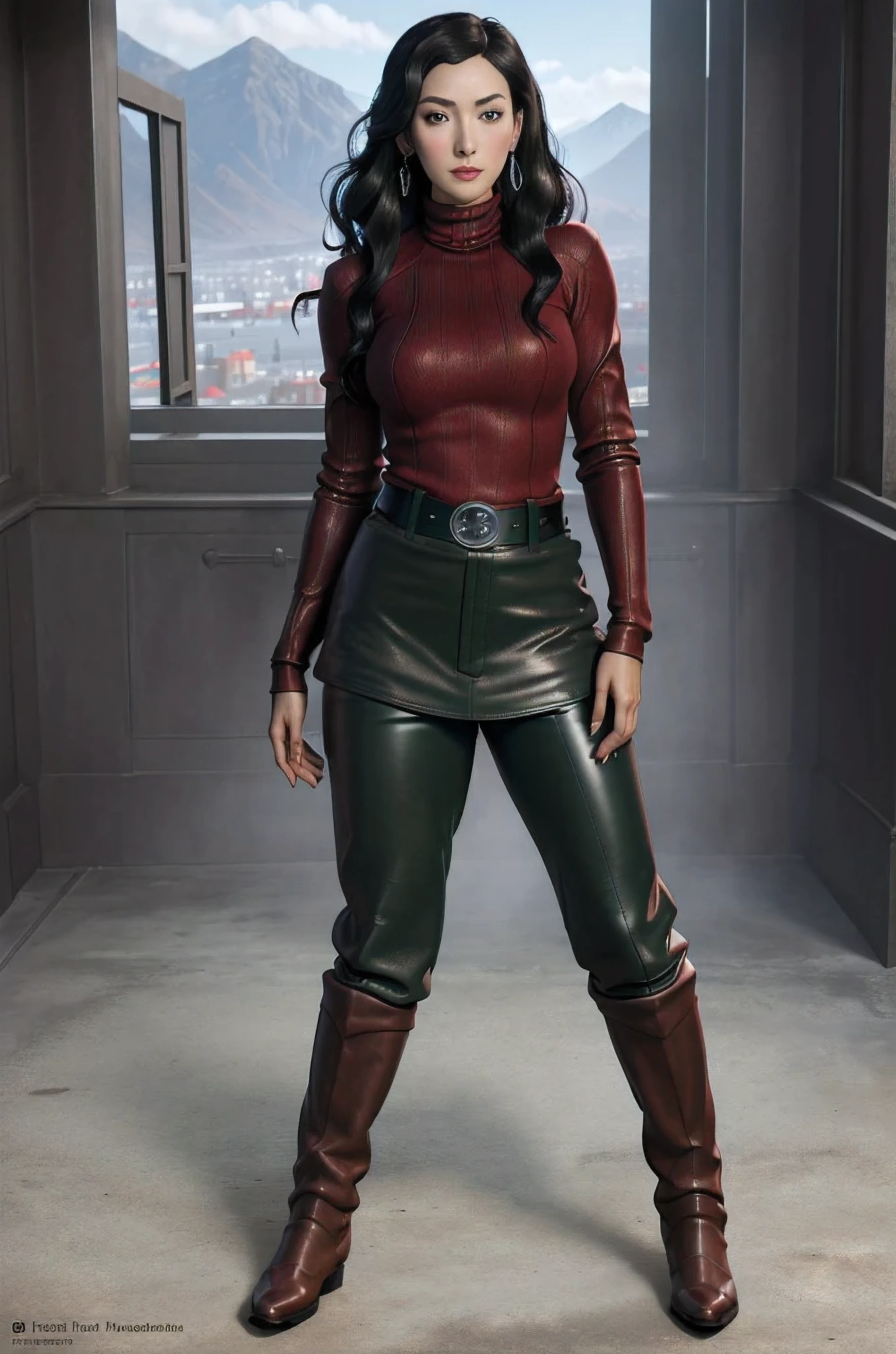 Sexy, (Asami Sato), Ultrahd, 8k, full body view, NSFW, lust, evil, tan, (tall), athletic, beautiful face, beautiful eyes, messy hair, green eyes, earrings, (black turtleneck sweater), ((leather pants)), (cameltoe), leather belt, ((long boots)), ((View from front))