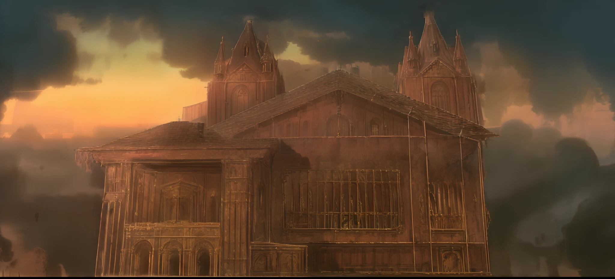a gothic home is on fire, window bars, victorian home details, gothic architecture details, stone pathway, cut grass, wildflowers, nighttime, fire, the house is on fire