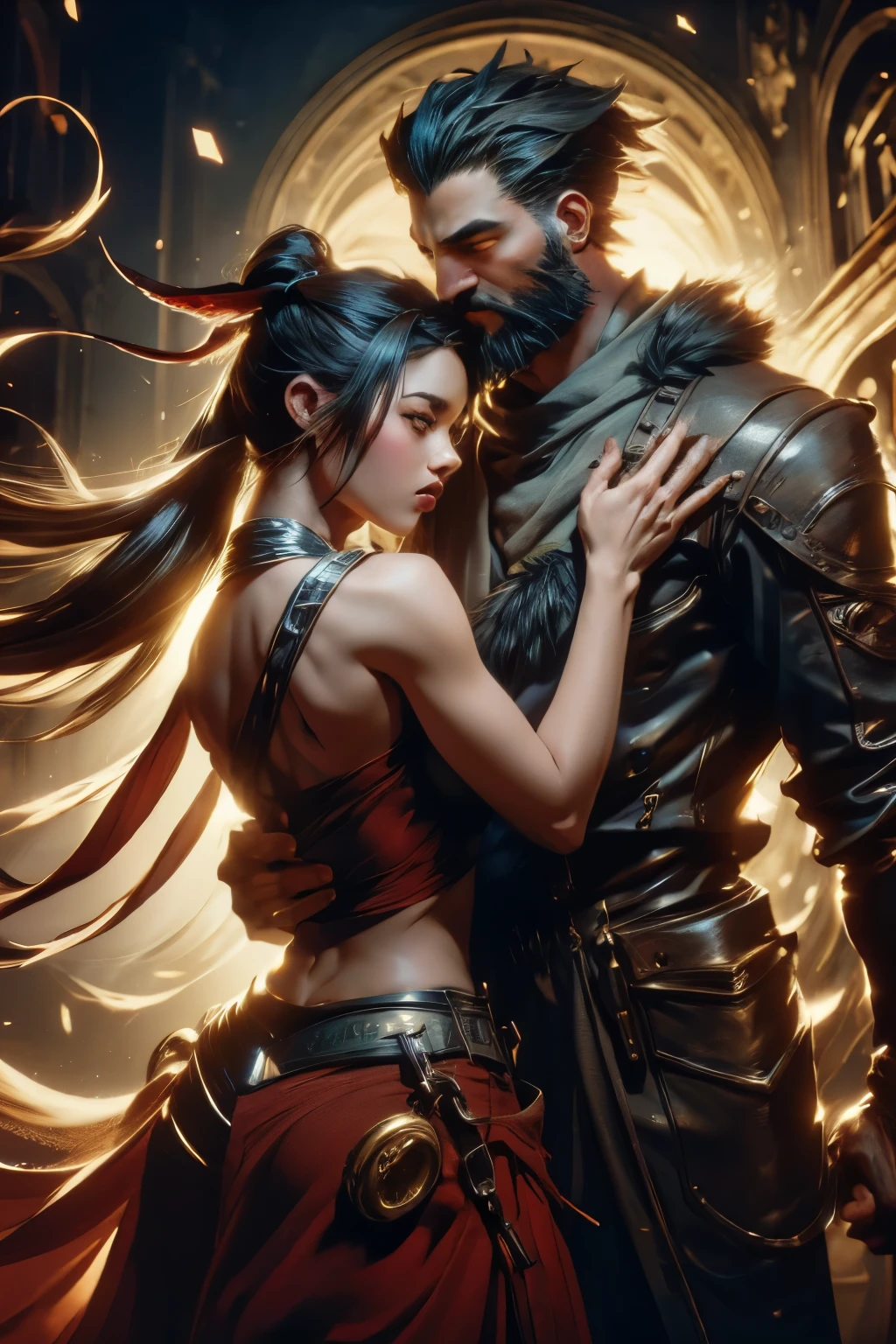 ((best quality)), (high detail), (original art), (1man), (1woman), (close up), (headshot), rugged face, 44 year old man with extremely short black hair and full thick beard, dark brown eyes, very intense gaze in his eyes, holding a woman with blond hair and brown eyes, (beautiful woman), embers of fire in the air, warrior spirit, HDR, 3D, digital art style.