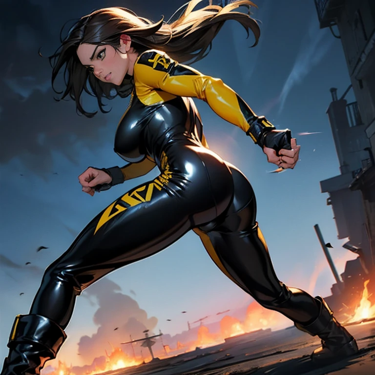 X-23 in her 25, laura kinney x-23, big breastes, Lush breasts, elastic breasts, exuberant hair, long brown hair, fighting, in the battlefield, Cool, jersey, fight pose, perfect eye, perfect lips , badass pose, beste-Qualit, Very detailed, claws from hands, (total black and yellow latex body suit), military boots, hourglass body, big breast, perfect body, shot from behind