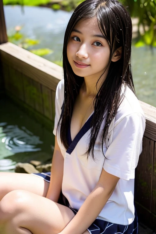 ((highest quality)), ((masterpiece)), 18 year old real Japanese beautiful schoolgirl、beautiful thigheautiful little cleavage、Yukata 40cm above the knee、hot spring、Wet bare skin、hot water can be poured on
