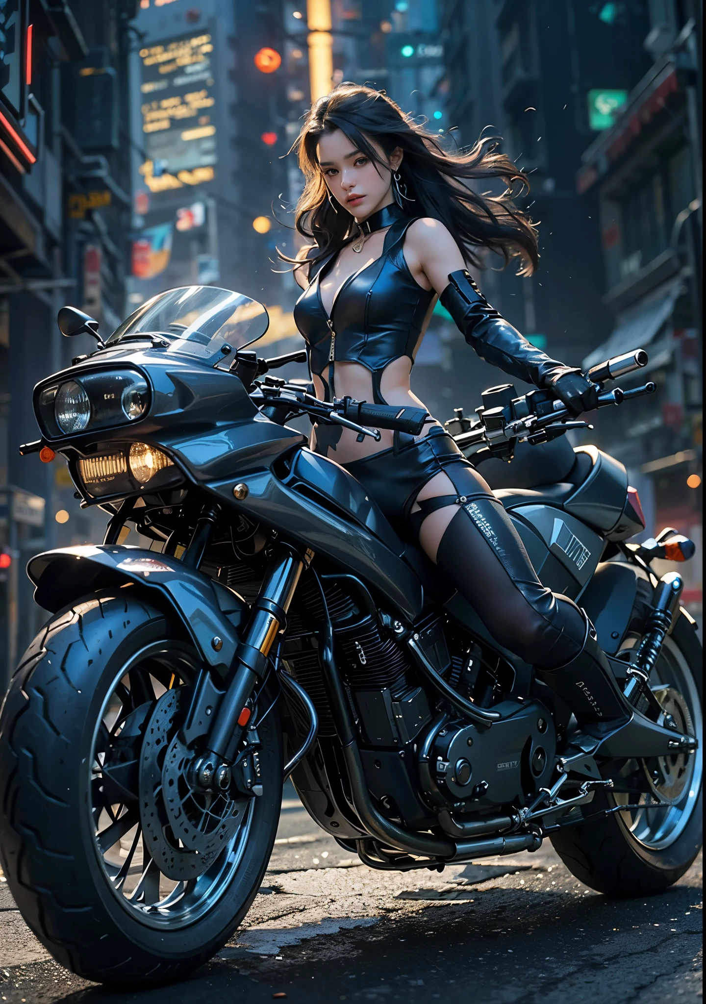 Huntress riding a high-tech motorcycle, Shoot high-tech artillery, Sparks from the , (1 female, brown eyes, white skin, Twin-tailed black hair, choker, small brekinny, lip whole, compensate, eyeliner, Russia), Wearing black one-piece leather armor, Long leather gloves, long Leather boots, In a cyberpunk town at night, (crpunk theme), (masterpiece, highest quality, 8K, sharp focus, Depth of bounds written, best shadows, perfect light, HDR, realistic skin texture, Ultra-detailed and detailed background), wide shot