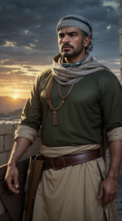 (Quality tags: masterpiece, high resolution, photo-realistic:1.3), a poignant depiction of a Muhajid in Palestine, (resolute stance:1.2), adorned in traditional attire, (palestinian keffiyeh:1.2), a symbol of cultural pride, (devoted expression:1.1), eyes reflecting unwavering faith and determination, (turbulent skies in the background:1.2), a representation of the ongoing struggle, (subtle details capturing authenticity:1.1), capturing the essence of a defender, (subdued atmosphere conveying resilience:1.2), a powerful portrayal of the Muhajid in the face of adversity.