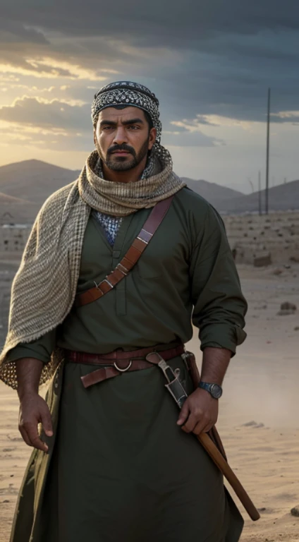 (Quality tags: masterpiece, high resolution, photo-realistic:1.3), a poignant depiction of a Muhajid in Palestine, (resolute stance:1.2), adorned in traditional attire, (palestinian keffiyeh:1.2), a symbol of cultural pride, (devoted expression:1.1), eyes reflecting unwavering faith and determination, (turbulent skies in the background:1.2), a representation of the ongoing struggle, (subtle details capturing authenticity:1.1), capturing the essence of a defender, (subdued atmosphere conveying resilience:1.2), a powerful portrayal of the Muhajid in the face of adversity.