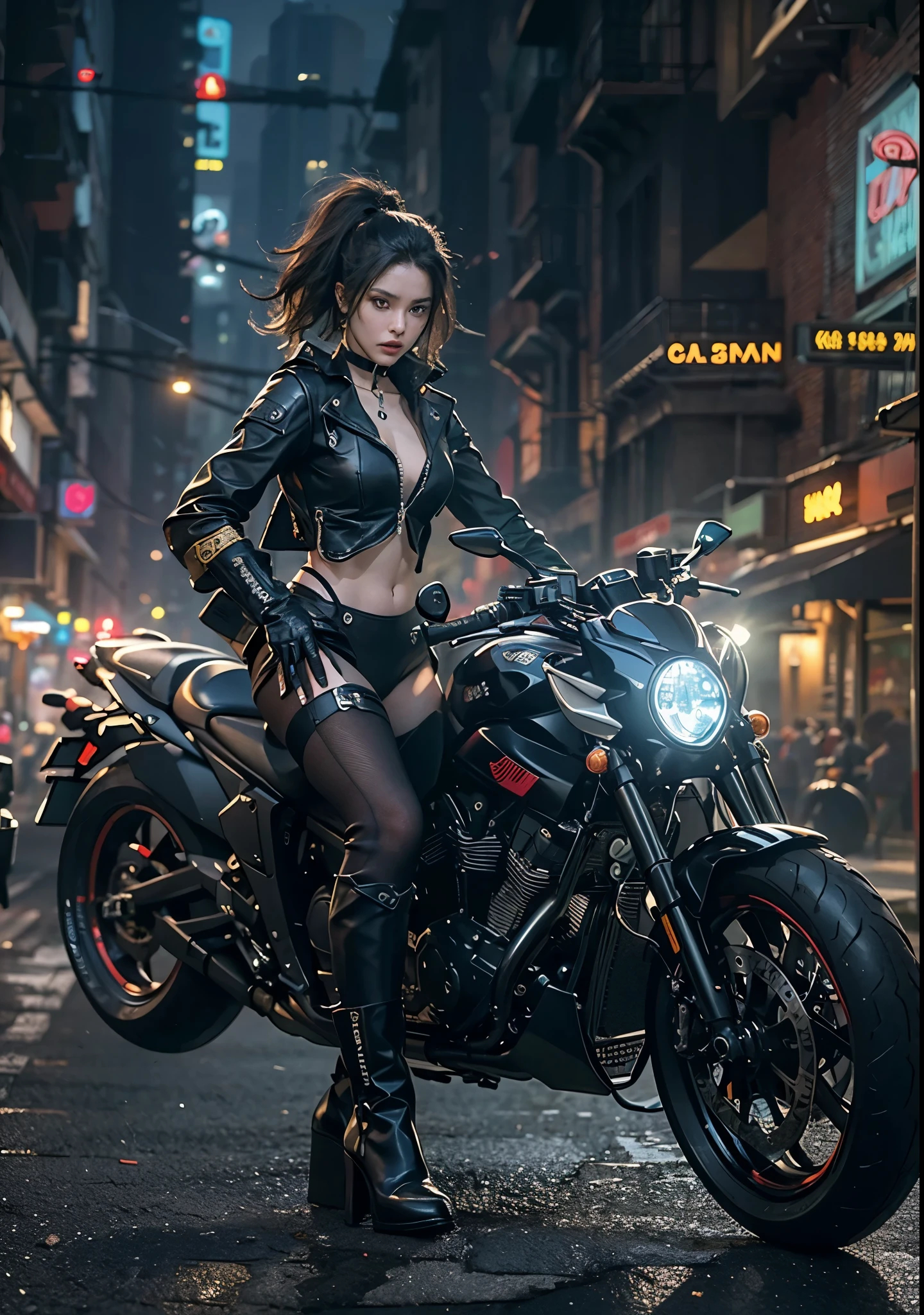 Huntress riding a high-tech motorcycle, Shoot high-tech artillery, Sparks from the gun, (1 female, brown eyes, white skin, Twin-tailed black hair, choker, small breasts, skinny, lip whole, compensate, eyeliner, Russia), Wearing black one-piece leather armor, Long leather gloves, long Leather boots, In a cyberpunk town at night,  (cyberpunk theme), (masterpiece, highest quality, 8K, sharp focus, Depth of bounds written, best shadows, perfect light, HDR, realistic skin texture, Ultra-detailed and detailed background), wide shot