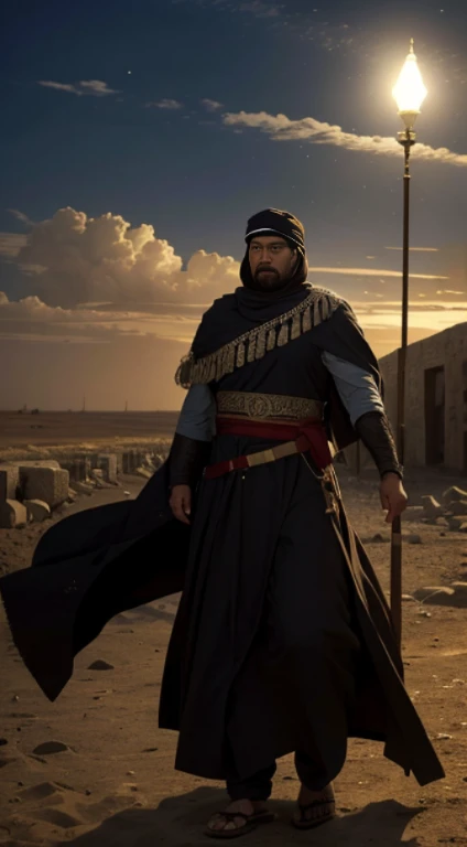 (Quality tags: masterpiece, best quality, official art:1.2), a striking image of a Muhajid in Palestine, (illuminated by a symbolic moonlight:1.3), traditional garments billowing in the wind, (gazing towards the horizon:1.2), a guardian of faith and homeland, (clouds of conflict in the background:1.1), an atmosphere charged with spiritual dedication, (intense emotions conveyed through expression:1.4), a moment frozen in the Muhajid's unwavering commitment, (dynamic composition capturing strength:1.2), a visual story of resilience and devotion.