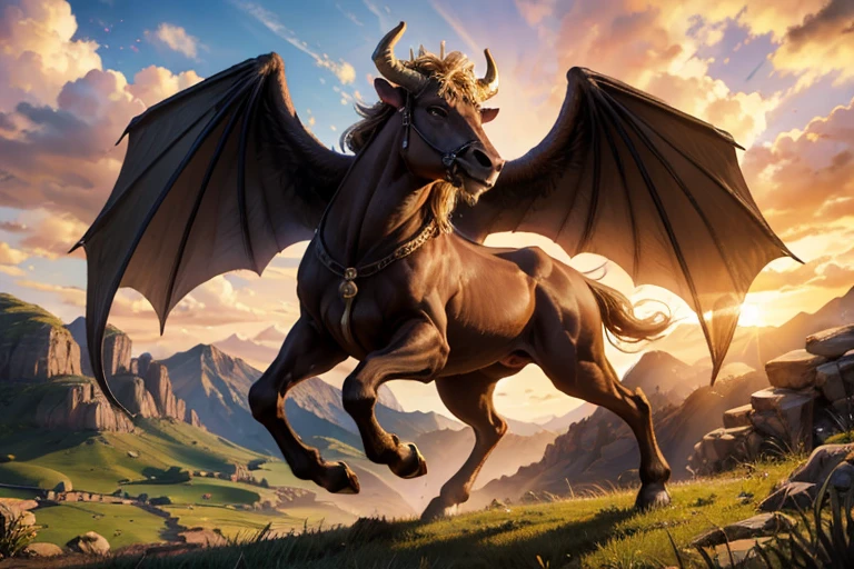 "Hyper-realistic 8k ultra high definition digital artwork of a majestic illustration of the sign of Taurus as a mighty mystical winged bull soaring above a pastoral golden valley, its twisted horns shining like diamonds in the sunset light."