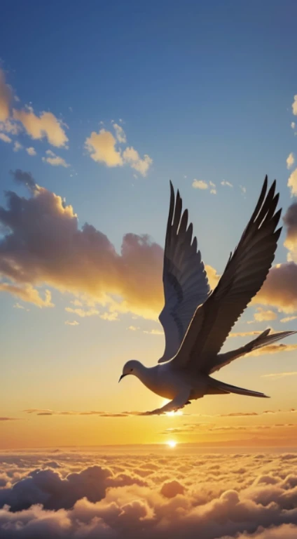 (Quality tags: masterpiece, best quality, official art:1.2), a majestic portrayal of a dove gracefully soaring in the Palestinian skies, (soft hues of the setting sun:1.3), a scene resonating with tranquility, (gentle strokes of the wings:1.1), a symbol of harmony and unity, (silhouetted landscape below:1.2), a moment frozen in time, (subtle play of warm colors:1.4), a visual story of peace amidst the clouds, (dynamic composition capturing elegance:1.2), a vivid representation of serenity in the Palestinian heavens.