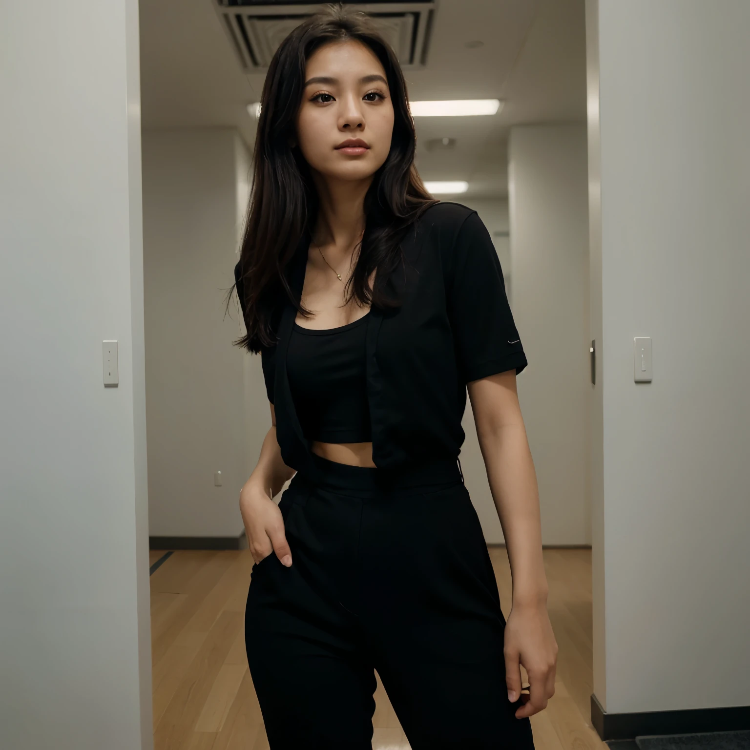 Brazilian woman, of Korean descent, looking forward, thin, curvy, young adult, black clothes, Men's black blazer, black t-shirt, wide black dress pants, Afga Vista 400, 4k, Sports park, Highlight the energy and vitality of the scene,