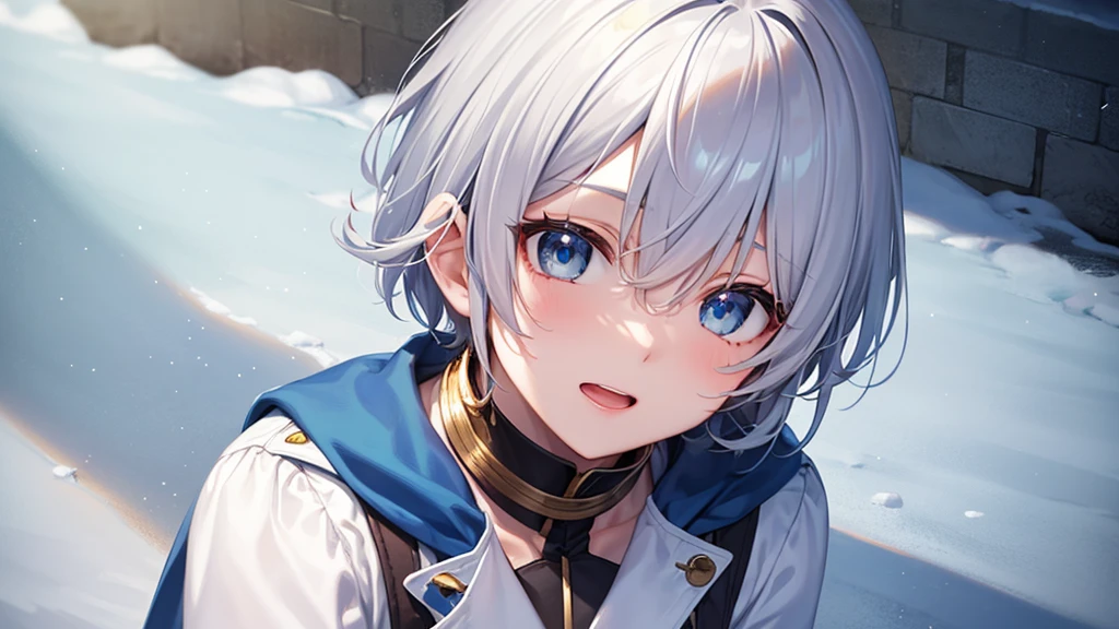 super high quality, with a girl, 20-year-old, とてもshort hair, long bangs between the eyes, pale blue eyes , blue sky, sunlight, very detailed,(masterpiece、highest quality)、alone、gray hair、laughter、White skin as clear as snow、fantasy, silver hair, black eye, beautiful eyes,, ecstasy, charm, be smitten with audience, short hair,blue sky , sunlight,fantasyな風景,looking down from above、white breath