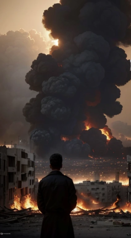 (Quality tags: masterpiece, best quality, official art:1.2), a cinematic depiction of a bomb blast aftermath in Palestine, (flames and smoke billowing:1.3), a dynamic representation of unfolding tragedy, (tense atmosphere hanging in the air:1.1), shattered remnants of buildings in the background, (dramatic cityscape in disarray:1.2), a haunting scene of destruction, (intense emotions captured in the onlookers:1.4), a moment of shock and despair, (dynamic composition:1.2), a visual story of the impact of conflict, (subtle play of light and shadow:1.2), a vivid portrayal of the harsh reality.