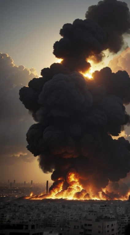 (Quality tags: masterpiece, best quality, official art:1.2), a cinematic depiction of a bomb blast aftermath in Palestine, (flames and smoke billowing:1.3), a dynamic representation of unfolding tragedy, (tense atmosphere hanging in the air:1.1), shattered remnants of buildings in the background, (dramatic cityscape in disarray:1.2), a haunting scene of destruction, (intense emotions captured in the onlookers:1.4), a moment of shock and despair, (dynamic composition:1.2), a visual story of the impact of conflict, (subtle play of light and shadow:1.2), a vivid portrayal of the harsh reality.