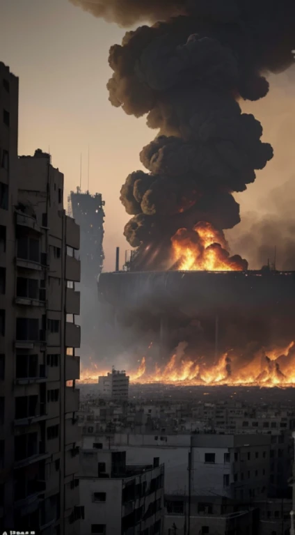 (Quality tags: masterpiece, best quality, official art:1.2), a cinematic depiction of a bomb blast aftermath in Palestine, (flames and smoke billowing:1.3), a dynamic representation of unfolding tragedy, (tense atmosphere hanging in the air:1.1), shattered remnants of buildings in the background, (dramatic cityscape in disarray:1.2), a haunting scene of destruction, (intense emotions captured in the onlookers:1.4), a moment of shock and despair, (dynamic composition:1.2), a visual story of the impact of conflict, (subtle play of light and shadow:1.2), a vivid portrayal of the harsh reality.