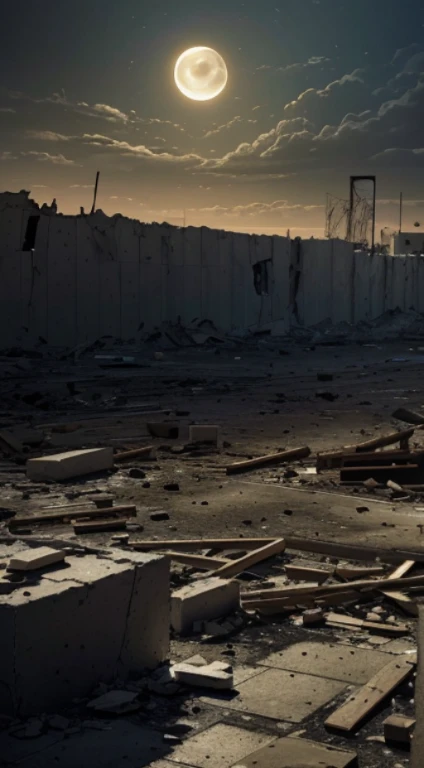 (Quality tags: masterpiece, ultra high res, illustration:1.3), an illustrative depiction of the wounds of war following a bomb explosion in Palestine, (moonlight revealing the devastation:1.2), detailed portrayal of the impact on the surroundings, (overcast sky reflecting the somber mood:1.1), an oppressive atmosphere hanging in the aftermath, (intricate details conveying realism:1.4), a palette of contrasting emotions, (subtle play of light and shadow in the wreckage:1.2), an illustrative narrative capturing the profound impact of conflict on the Palestinian landscape.