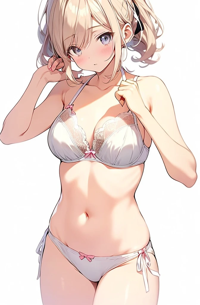 Anime girl in lingerie takes selfie with mobile phone,, wearing bra, mobile phone in front of covering face, one hand on own chest, lifted by self, white background, head out of frame, (((white background))), fashionable and trendy atmosphere,