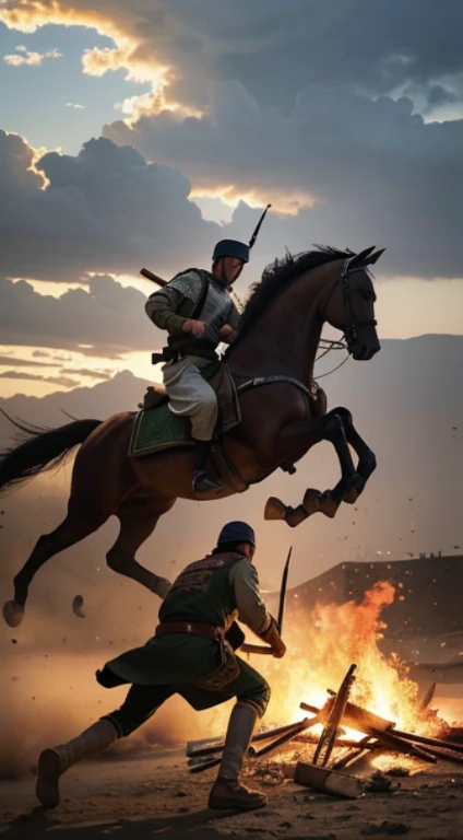 battle of karala, tents r buring, women nd baby runnig away,ultra realistic.films,horses