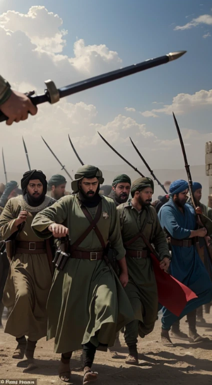 (Quality tags: masterpiece, high resolution, photo-realistic:1.3), a powerful image capturing a gathering of Muhajids in Palestine, (traditional garments and weaponry:1.2), a symbol of collective strength, (intense determination in their eyes:1.2), a scene resonating with unwavering commitment, (turbulent skies as the backdrop:1.1), an atmosphere charged with a sense of purpose, (subtle details in the weaponry:1.1), capturing the authenticity of their tools, (subdued atmosphere conveying resilience:1.2), a powerful portrayal of Muhajids uniting with arms, (dynamic composition capturing strength:1.2), a vivid representation of the defenders of Palestine.