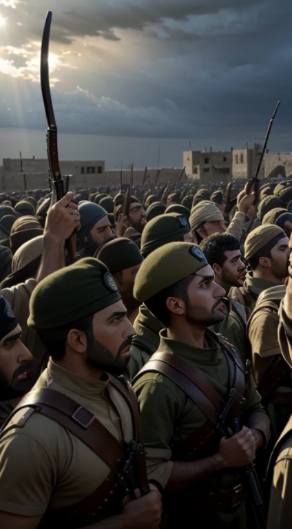 (Quality tags: masterpiece, best quality, official art:1.2), a cinematic depiction of Muhajids gathering with weapons in Palestine, (weapons raised in unity:1.3), a dynamic representation of brotherhood, (gazes focused on a shared goal:1.2), a scene resonating with collective strength, (stormy skies echoing determination:1.1), a backdrop of conflict and resolution, (intense emotions conveyed through expressions:1.4), a moment frozen in unity, (dynamic composition capturing solidarity:1.2), a visual story of resilience and shared purpose, (subtle play of light and shadow:1.2), a vivid portrayal of the defenders of Palestine.