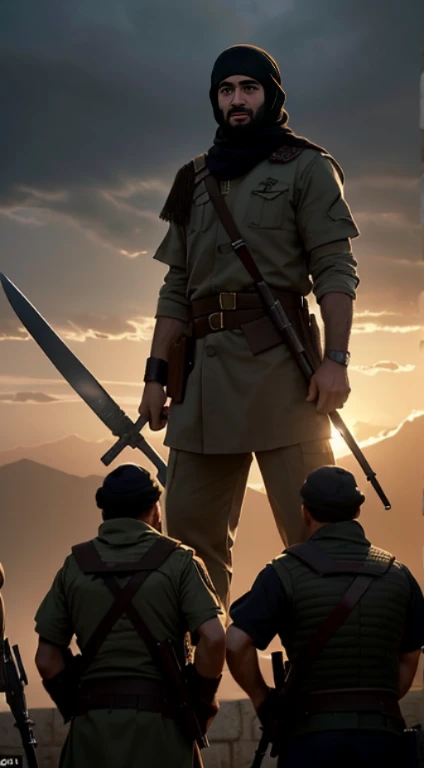 (Quality tags: masterpiece, best quality, official art:1.2), a cinematic depiction of Muhajids gathering with weapons in Palestine, (weapons raised in unity:1.3), a dynamic representation of brotherhood, (gazes focused on a shared goal:1.2), a scene resonating with collective strength, (stormy skies echoing determination:1.1), a backdrop of conflict and resolution, (intense emotions conveyed through expressions:1.4), a moment frozen in unity, (dynamic composition capturing solidarity:1.2), a visual story of resilience and shared purpose, (subtle play of light and shadow:1.2), a vivid portrayal of the defenders of Palestine.