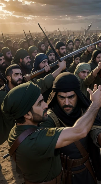 (Quality tags: masterpiece, best quality, official art:1.2), a cinematic depiction of Muhajids gathering with weapons in Palestine, (weapons raised in unity:1.3), a dynamic representation of brotherhood, (gazes focused on a shared goal:1.2), a scene resonating with collective strength, (stormy skies echoing determination:1.1), a backdrop of conflict and resolution, (intense emotions conveyed through expressions:1.4), a moment frozen in unity, (dynamic composition capturing solidarity:1.2), a visual story of resilience and shared purpose, (subtle play of light and shadow:1.2), a vivid portrayal of the defenders of Palestine.