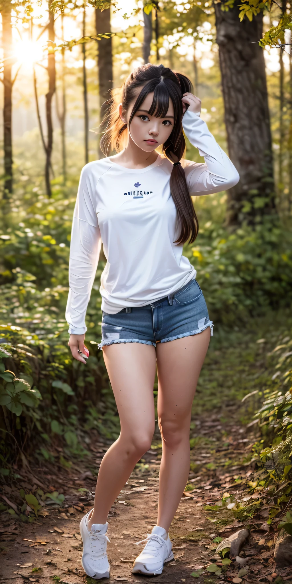 (((profesional: Paso a paso, taking into account even the smallest detail, Resultado final a nivel de Dios, imagen: todos los detalles intrincados, cuerpo entero con detalles intrincados, Solo 1girl, tiro medio largo)))): " una chica, dark brown hair, pelo largo(cola de caballo atada a una cinta azul), flequillo largo, ojos rojos, ojos bonitos, Cuerpo perfecto, muslos gruesos, manos perfectas, camiseta corta blanca, amplio escote de diamantes, blue long raglan sleeves, pantalones cortos rojos (Textura de mezclilla), Shy pose, en bosque abandonado, columnas griegas abandonadas, Restos, Autumn, Atardecer, Colored tabs, white lashes"