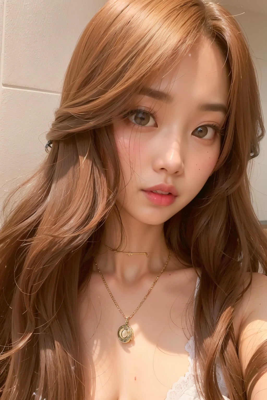 a woman with long hair wearing a black top and a necklace, lalisa manobal, roseanne park of blackpink, ig model | artgerm, gorgeous young korean woman, korean girl, jaeyeon nam, beautiful south korean woman, ulzzang, popular korean makeup, lalisa manoban of blackpink, popular south korean makeup, her skin is light brown high quality 8k