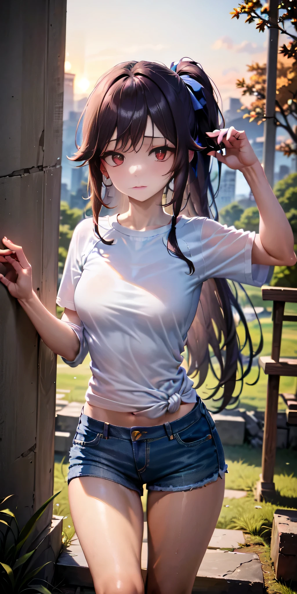 (((profesional: paso a paso, taking into account even the smallest detail, Resultado final a nivel de Dios, imagen: todos los detalles intrincados, todo el cuerpo con detalles intrincados, Solo 1girl, tiro medio largo)))): " una chica, dark brown hair, pelo largo(cola de caballo atada a una cinta azul), flequillo largo, ojos rojos, ojos bonitos, Cuerpo perfecto, muslos gruesos, manos perfectas, camiseta blanca, blue long raglan sleeves, pantalones cortos rojos (Textura de mezclilla), Shy pose, en bosque abandonado, columnas griegas abandonadas, Restos, Autumn, Atardecer, Colored tabs, white lashes"