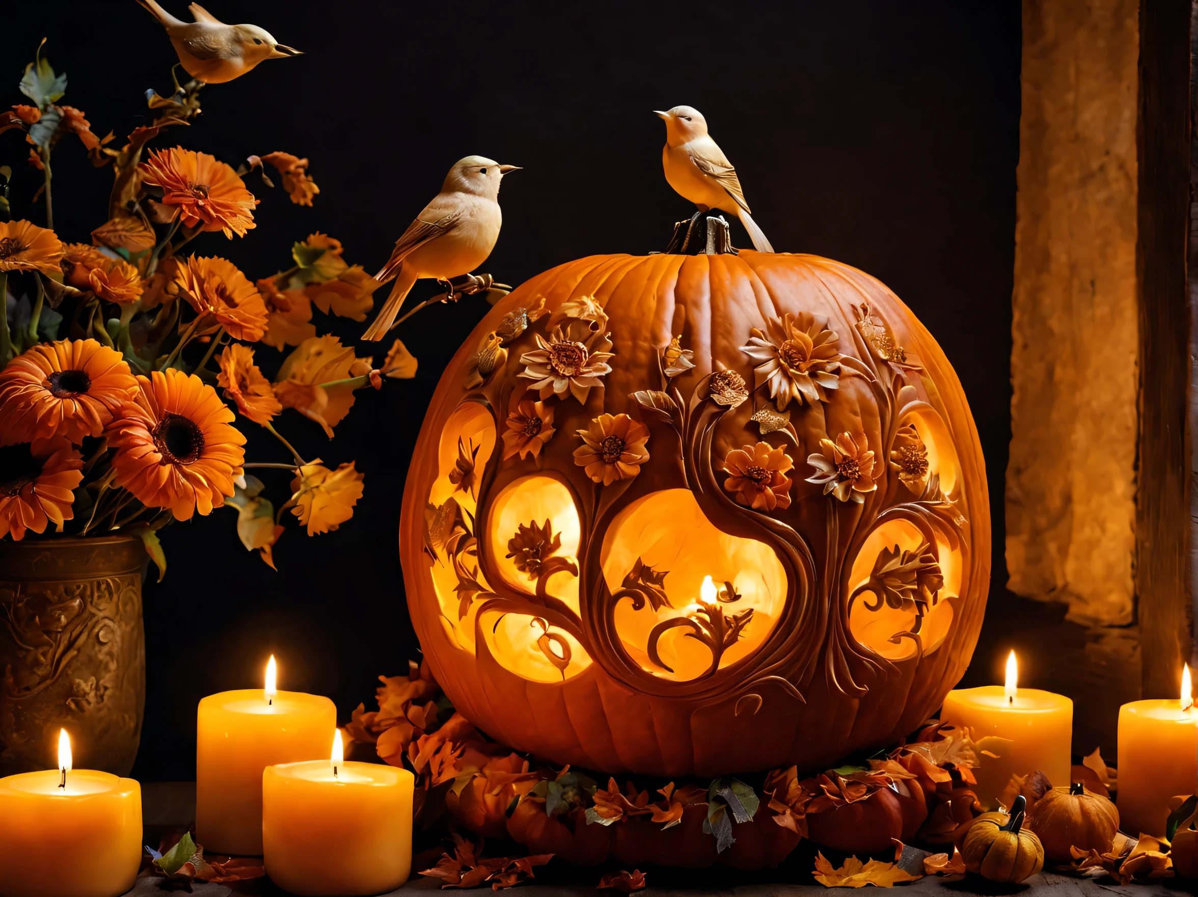 Pumpkin carving, carved flowers and birds, candle inside