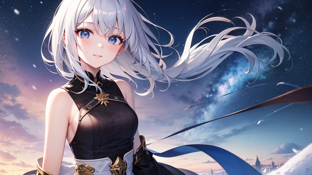 super high quality, with a girl, 20-year-old, とてもshort hair, long bangs between the eyes, pale blue eyes , blue sky, sunlight, very detailed,(masterpiece、highest quality)、alone、gray hair、laughter、White skin as clear as snow、fantasy, silver hair, black eye, beautiful eyes,, ???????, charm, be smitten with audience, short hair,night,starry skies、fantasyな風景,