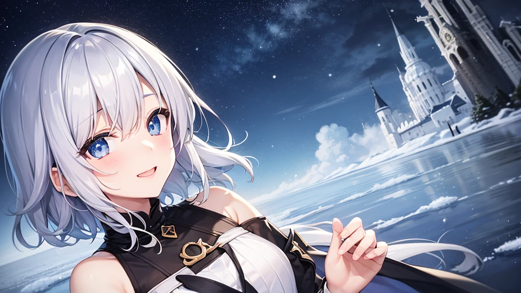 super high quality, with a girl, 20-year-old, とてもshort hair, long bangs between the eyes, pale blue eyes , blue sky, sunlight, very detailed,(masterpiece、highest quality)、alone、gray hair、laughter、White skin as clear as snow、fantasy, silver hair, black eye, beautiful eyes,, ecstasy, charm, be smitten with audience, short hair,night,starry skies、fantasyな風景,