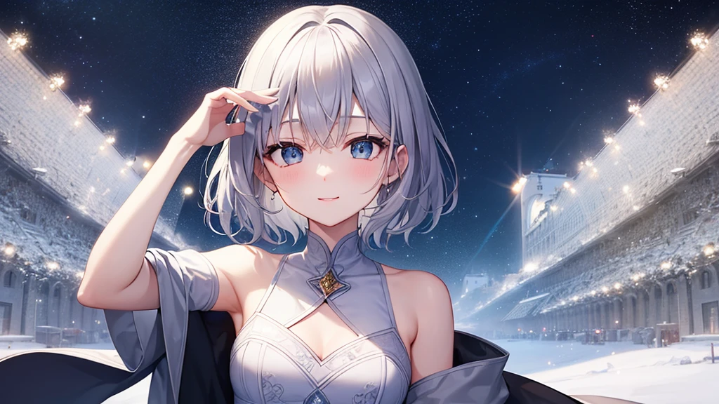 super high quality, with a girl, 20-year-old, とてもshort hair, long bangs between the eyes, pale blue eyes , blue sky, sunlight, very detailed,(masterpiece、highest quality)、alone、gray hair、laughter、White skin as clear as snow、fantasy, silver hair, black eye, beautiful eyes,, ecstasy, charm, be smitten with audience, short hair,night,starry skies、fantasyな風景,