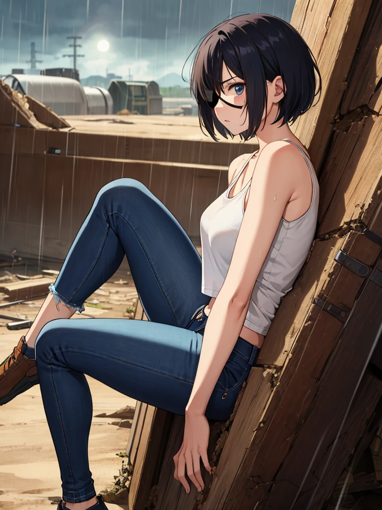 masterpiece++, best quality++, ultra-detailed+, 1girl,Woman sitting on a tire in a devastated world,eyepatch,shorthair,blackhair,tank top,Jeans,expressionless,looking away,looking at another,full body,((midnight)),rain,post apocalypse,
