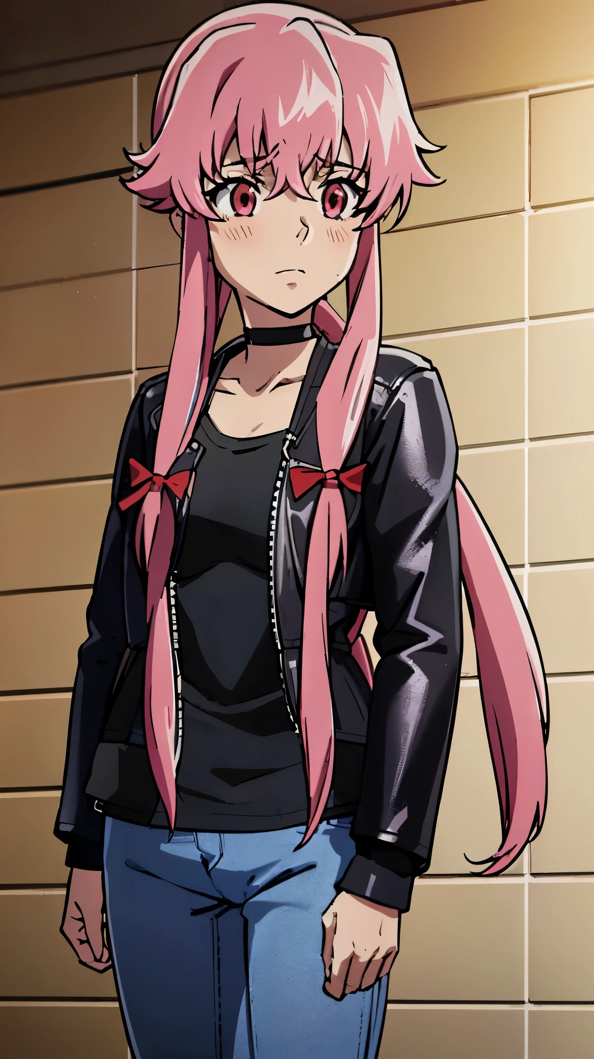 
anime_still, masterpiece, best quality, 1girl, Gasai Yuno,large breasts, pink hair, long hair, solo, sitting, tiles, looking at viewer, low twintails, wearing a black choker, (wearing a black leather jacket:1.5), wearing blue jeans, wearing a black t-shirt, red eyes, ((yandere)),