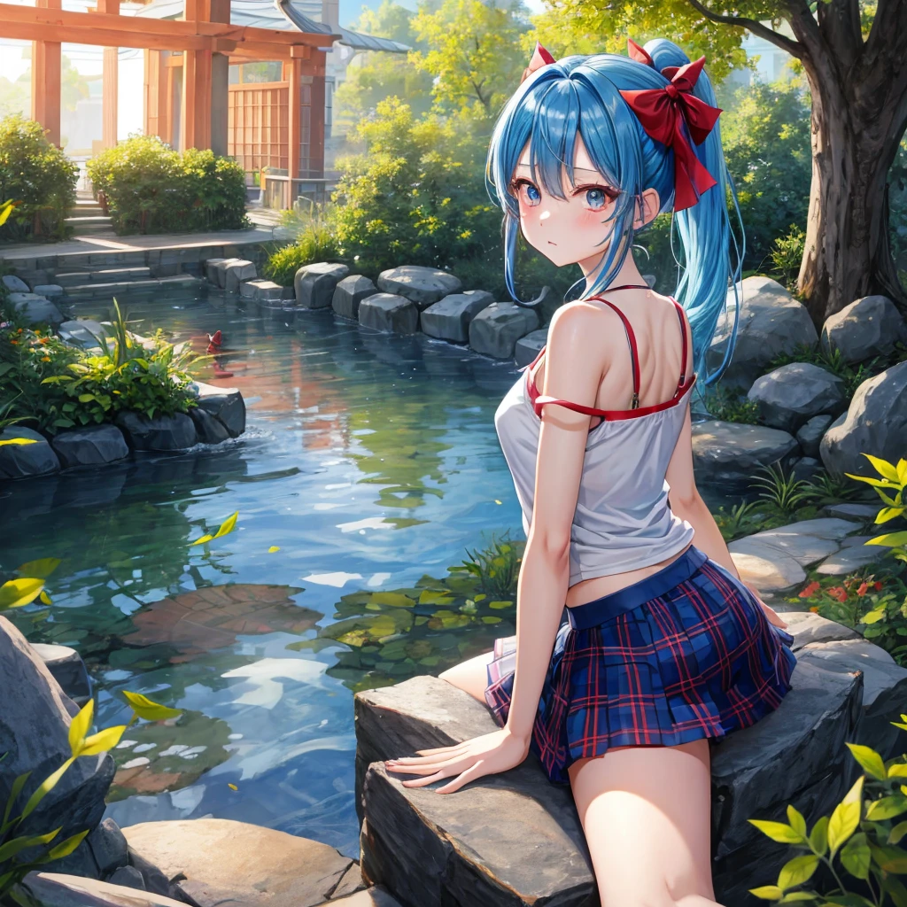 blue hair、Red-blonde、blue eyeraid、ponytail、one good looking girl、solo、anime、Plaid miniskirt、black t-shirt、camisole、forest、sitting、Wearing a plaid baseball cap、Tilting your face、Doing the ribbon、sunset sky、stone bridge、stone stairs、petal、A small bird flying、big tree、tunnel、squirt、Bang、stretching one's back、Fallen leaves