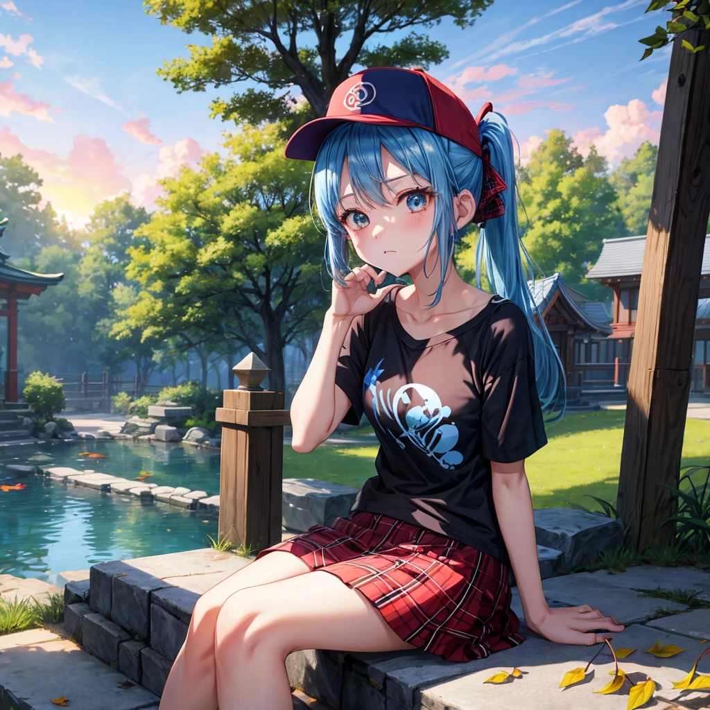 blue hair、Red-blonde、blue eyeraid、ponytail、one good looking girl、solo、anime、Plaid miniskirt、black t-shirt、camisole、forest、sitting、Wearing a plaid baseball cap、Tilting your face、Doing the ribbon、sunset sky、stone bridge、stone stairs、petal、A small bird flying、big tree、tunnel、squirt、Bang、stretching one's back、Fallen leaves