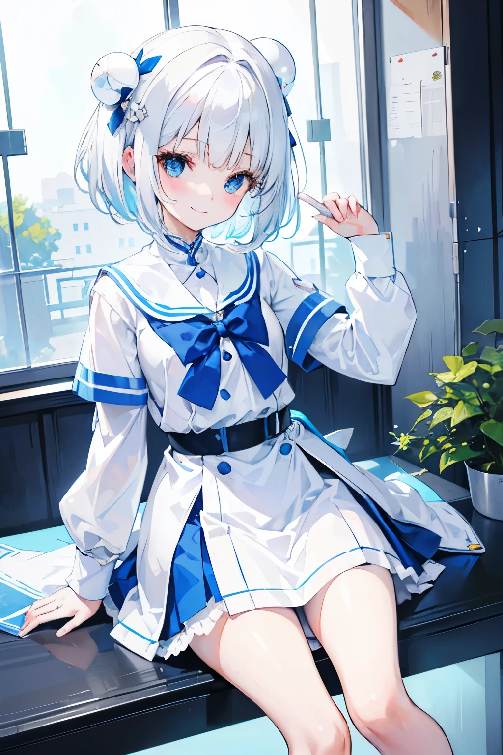 Short (white) hair and flush bangs，Light blue with white school uniform soft girl，There are blue ornaments on the head，She  a cute little loli，Binary numeric functionality， A happy smile