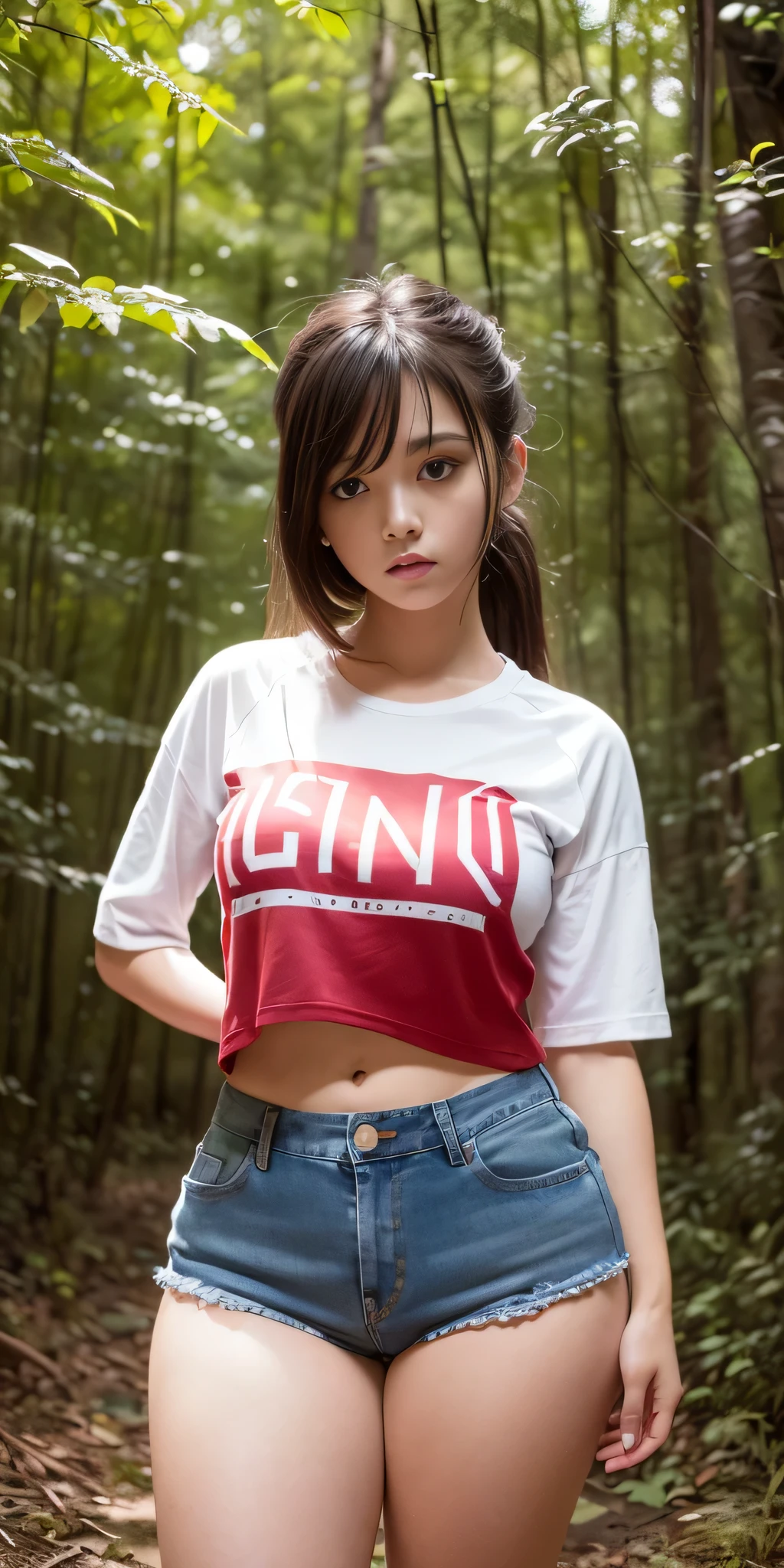 (((profesional: paso a paso, taking into account even the smallest detail, Resultado final a nivel de Dios, imagen: todos los detalles intrincados, todo el cuerpo con detalles intrincados, Solo 1girl, tiro medio largo)))): " una chica, dark brown hair, pelo largo(cola de caballo atada a una cinta azul), flequillo largo, ojos rojos, ojos bonitos, Cuerpo perfecto, muslos gruesos, manos perfectas, camiseta blanca, blue long raglan sleeves, pantalones cortos rojos (Textura de mezclilla), Shy pose, en bosque abandonado, columnas griegas abandonadas, Restos, Autumn, Atardecer, Colored tabs, white lashes"