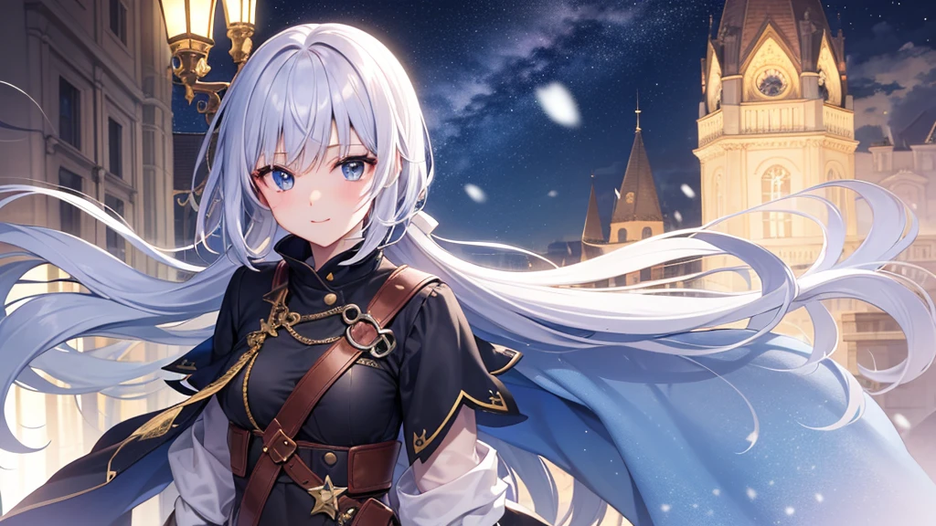 super high quality, with a girl, 20-year-old, とてもshort hair, long bangs between the eyes, pale blue eyes , blue sky, sunlight, very detailed,(masterpiece、highest quality)、alone、gray hair、laughter、White skin as clear as snow、fantasy, silver hair, black eye, beautiful eyes,, ecstasy, charm, be smitten with audience, short hair,night,starry skies、fantasyな風景,