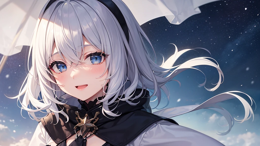 super high quality, with a girl, 20-year-old, とてもshort hair, long bangs between the eyes, pale blue eyes , blue sky, sunlight, very detailed,(masterpiece、highest quality)、alone、gray hair、laughter、White skin as clear as snow、fantasy, silver hair, black eye, beautiful eyes,, ecstasy, charm, be smitten with audience, short hair,night,starry skies、fantasyな風景,seaside