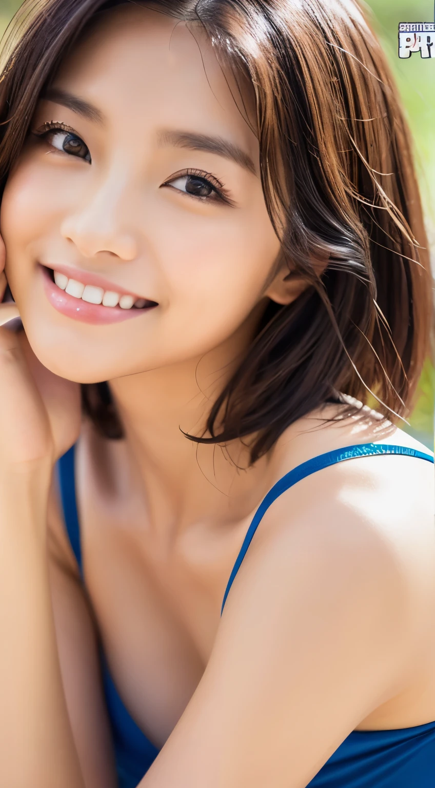 Real、Women's 1、sleep、sit、clear、I have bangs.、Age 25、Mature、Medium Breast、sex appeal、Glowing Skin、((Highest quality, In 8K, masterpiece:1.3)), smile、Floral swimsuit、bikini、Beach、Ocean、Brown haired、(Blunt bangs:1.2)、、Maintain the original face proportions、Broad shoulders、Brown haired、Floating Hair、Lips、lipstick、誘惑的なsmile、Perm Hair、Floating Hair、Bright sunshine,Refreshing sky