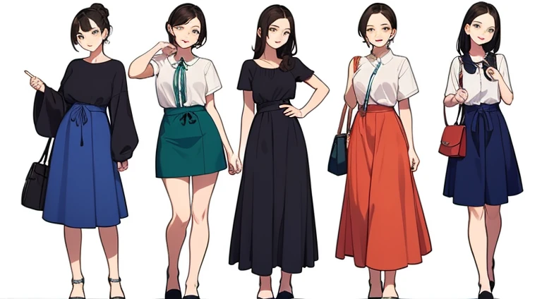 (((Best Quality))) , ((full body)), female, multiple views, white background, variety of hairstyles, variety of fashion styles, seductive pose, fashionable and trendy atmosphere, holding bag, long skirt, dressy casual, 
dark blue, dark orange, dark green, dark violet, brown, white,