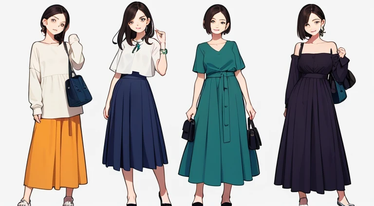 (((Best Quality))) , ((full body)), female, multiple views, white background, variety of hairstyles, variety of fashion styles, seductive pose, fashionable and trendy atmosphere, holding bag, long skirt, dressy casual, 
dark blue, dark orange, dark green, dark violet, brown, white,