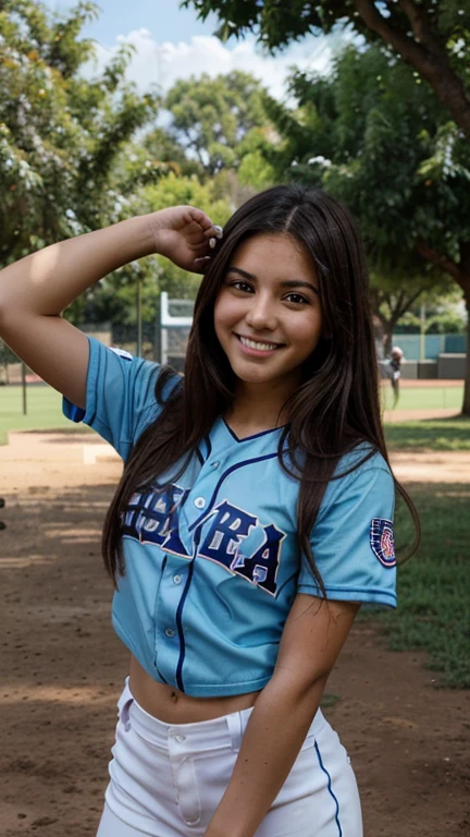 20 year old, usa woman, nude all, complexion robusta, piel morena oscuro, hair straightened, luz natural, cielo azul, sonrisa timida, poses in a park with trees and a beautiful baseball field, poses sugestivas, uniform school