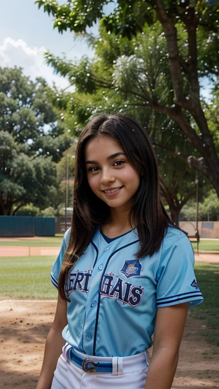 Little girl 20 year old, usa woman, complexion robusta, piel morena oscuro, hair straightened, luz natural, cielo azul, sonrisa timida, poses in a park with trees and a beautiful baseball field, poses sugestivas, uniform school
