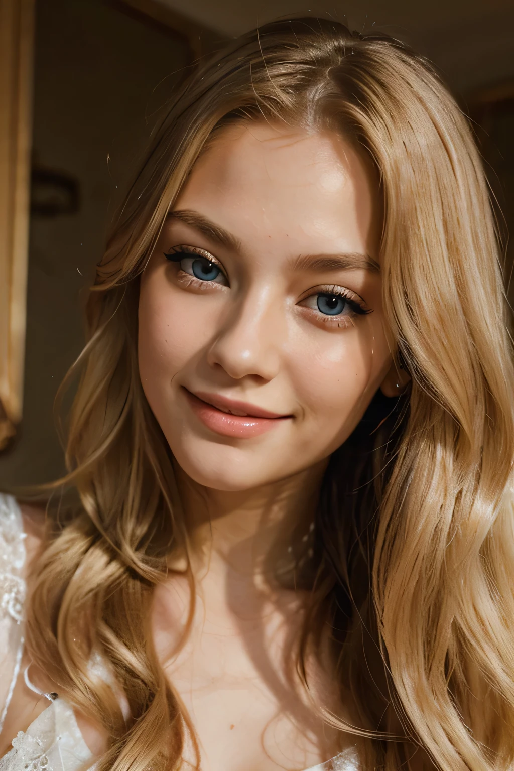 best quality, Meisterwerk, , Girl, Smile, geschlossenen Mund, Lippen, eine Blondine mit langen Haaren, detailed beautiful eyes, detaillierte wimpern, pretty face, nur der Kopf