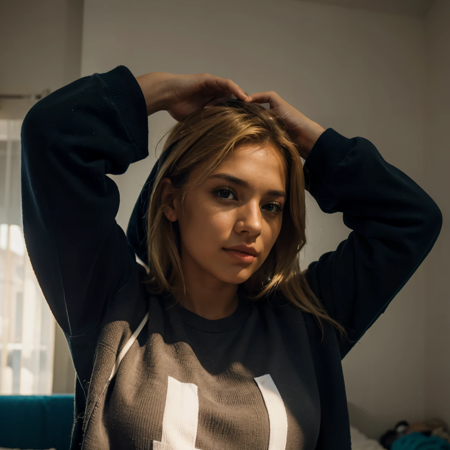 Chica rubia , mirando al este , con un buzo olgado ultra realista y detallado