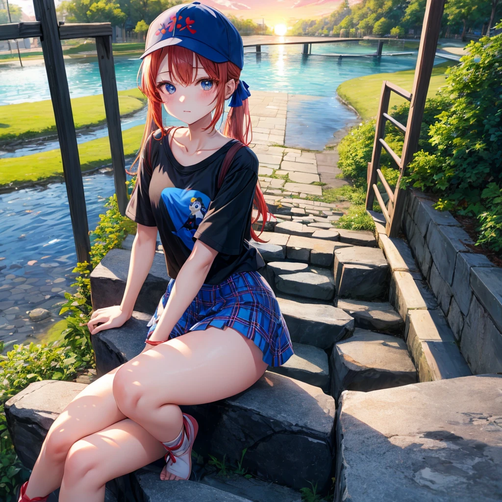 blue hair、Red-blonde、blue eyeraid、ponytail、one good looking girl、solo、anime、Plaid miniskirt、black t-shirt、camisole、forest、sitting、Wearing a plaid baseball cap、Tilting your face、Doing the ribbon、sunset sky、stone bridge、stone stairs、petal、A small bird flying、big tree、tunnel、squirt、Bang、stretching one's back、Fallen leaves