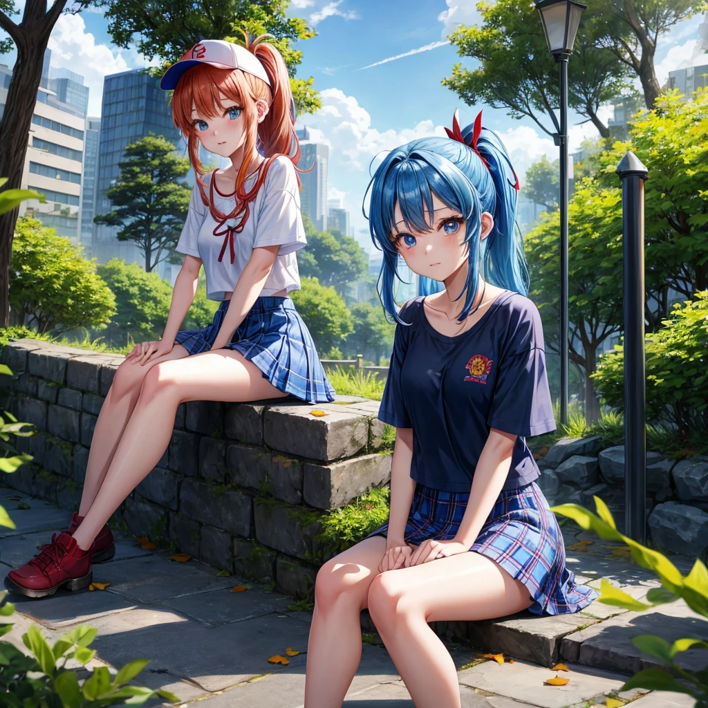 blue hair、Red-blonde、blue eyeraid、ponytail、one good looking girl、solo、anime、Plaid miniskirt、black t-shirt、camisole、forest、sitting、Wearing a plaid baseball cap、Tilting your face、Doing the ribbon、sunset sky、stone bridge、stone stairs、petal、A small bird flying、big tree、tunnel、squirt、Bang、stretching one's back、Fallen leaves